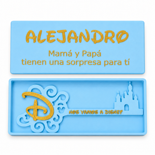 Llave Disney Personalizada con Caja Sorpresa y Nombre, Regalo para Anunciar un Viaje a Disneyland Paris, Fabricada en 3D, Colores a Elegir