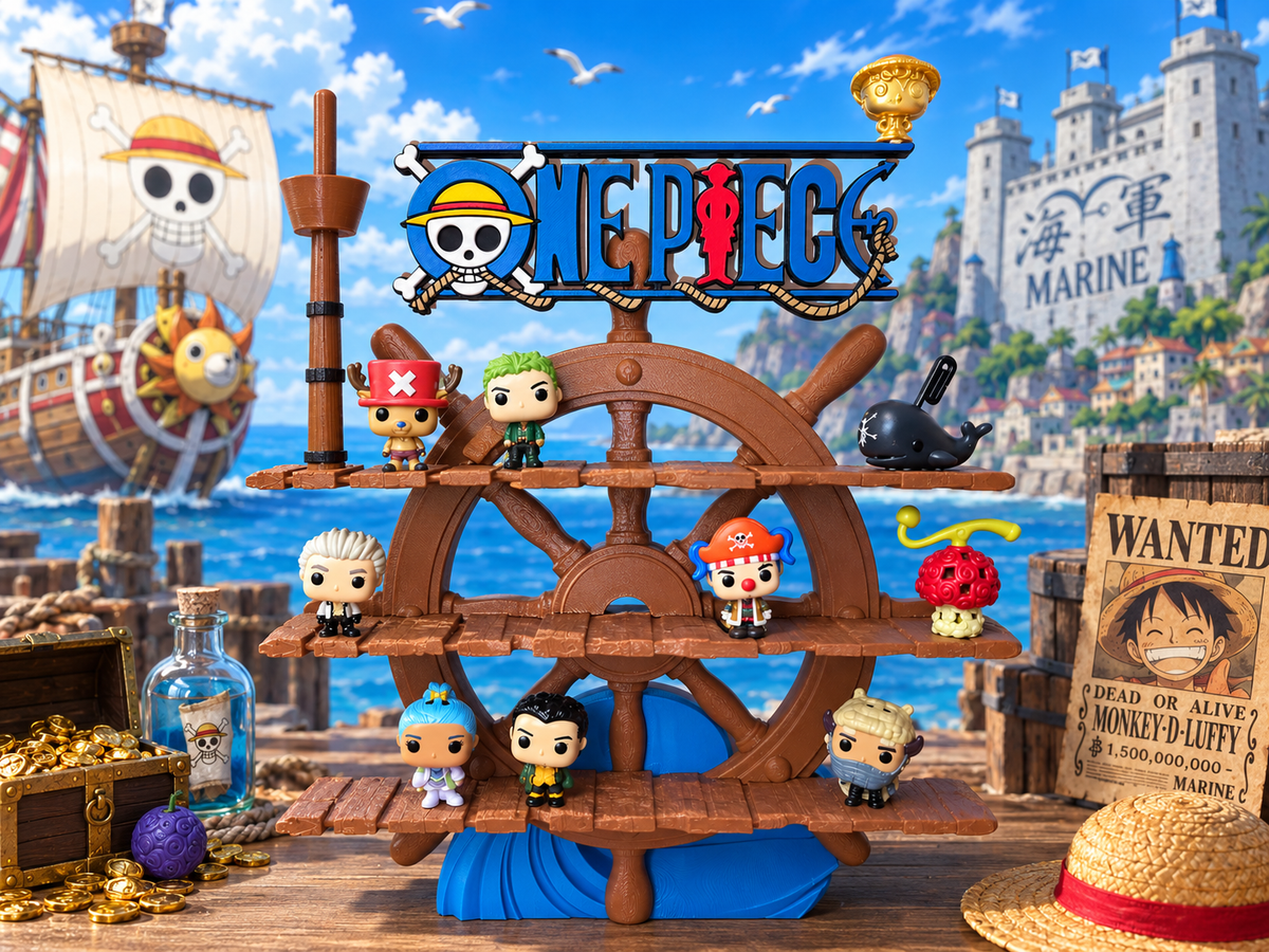 Expositor de One Piece con forma de timón y figuras de muestra
